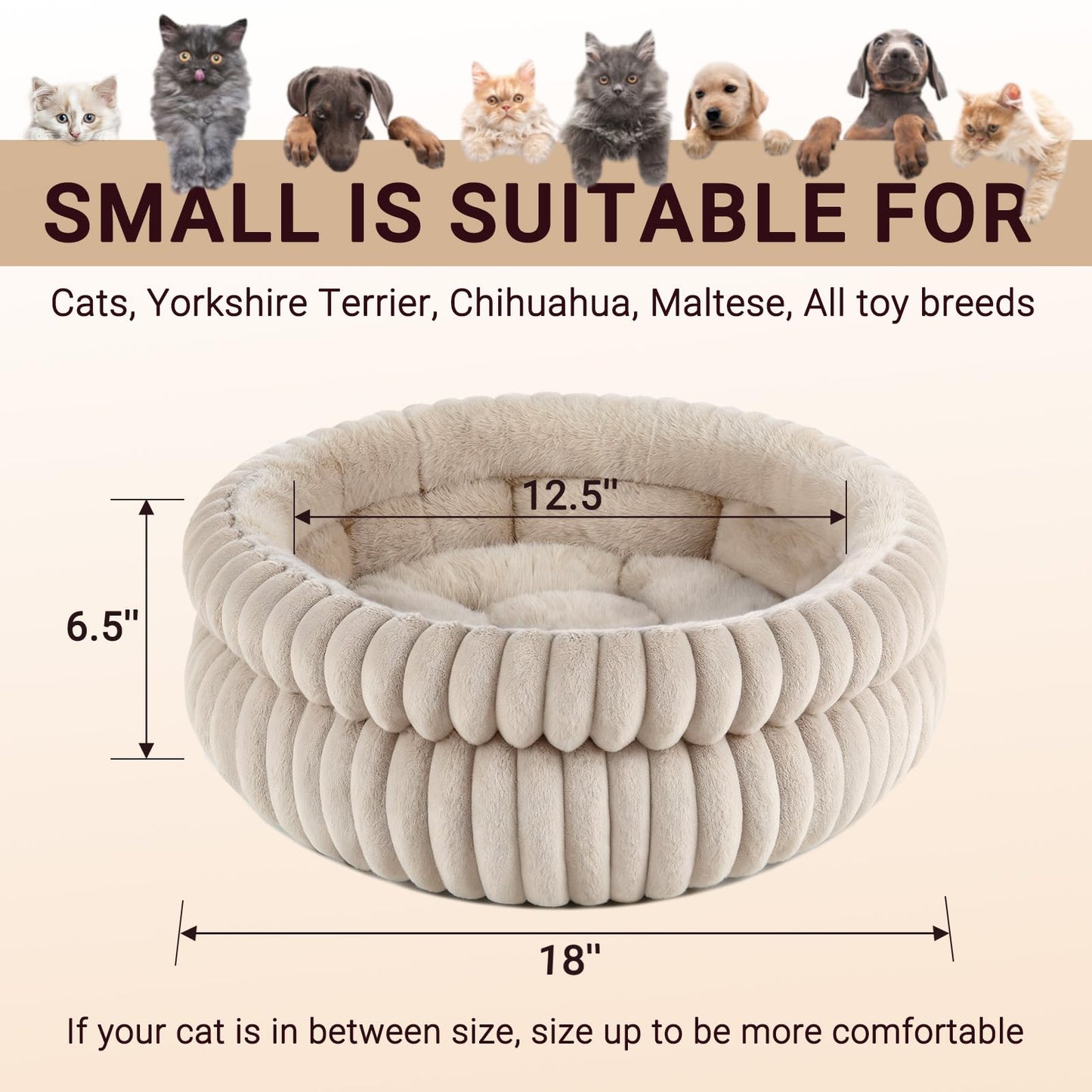 Petnovar Round Calming Cat Bed 51cm – Washable Fluffy Pet Bed with Non-Slip Base & Cushion