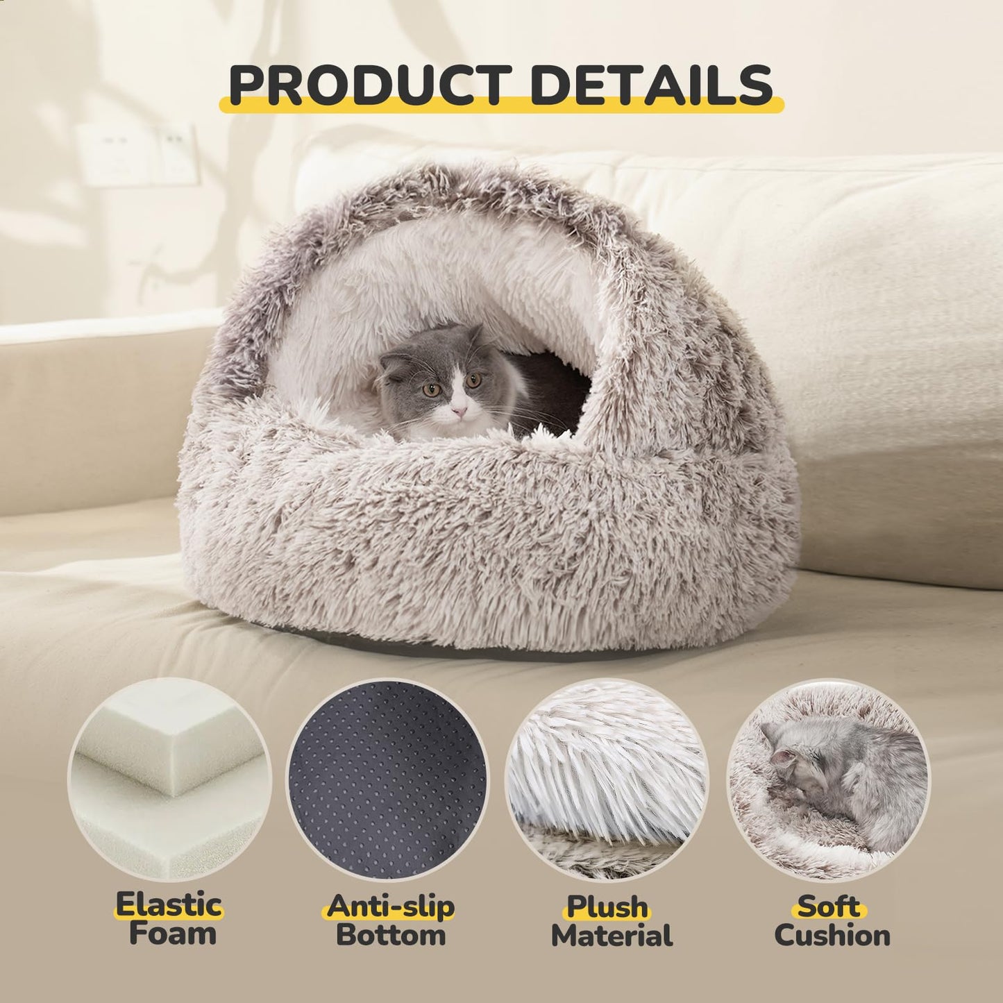 Petnovar Cat Igloo Bed – Washable Windproof Plush Cave with Non-Slip Base 53cm (Coffee)