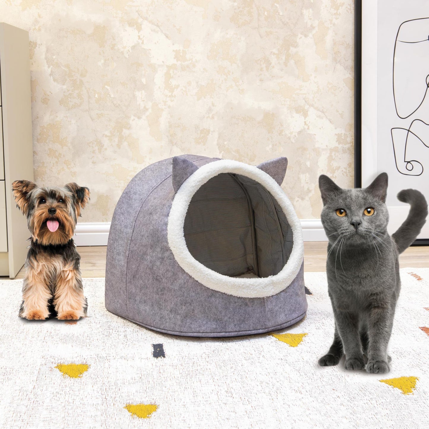 Petnovar Cat Cave Bed – Enclosed Plush Pet House with Cute Ear Design & Non-Slip Base (Grey)