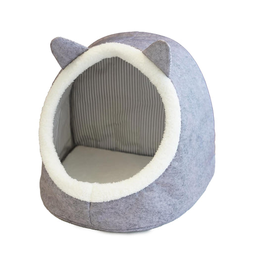 Petnovar Cat Cave Bed – Enclosed Plush Pet House with Cute Ear Design & Non-Slip Base (Grey)