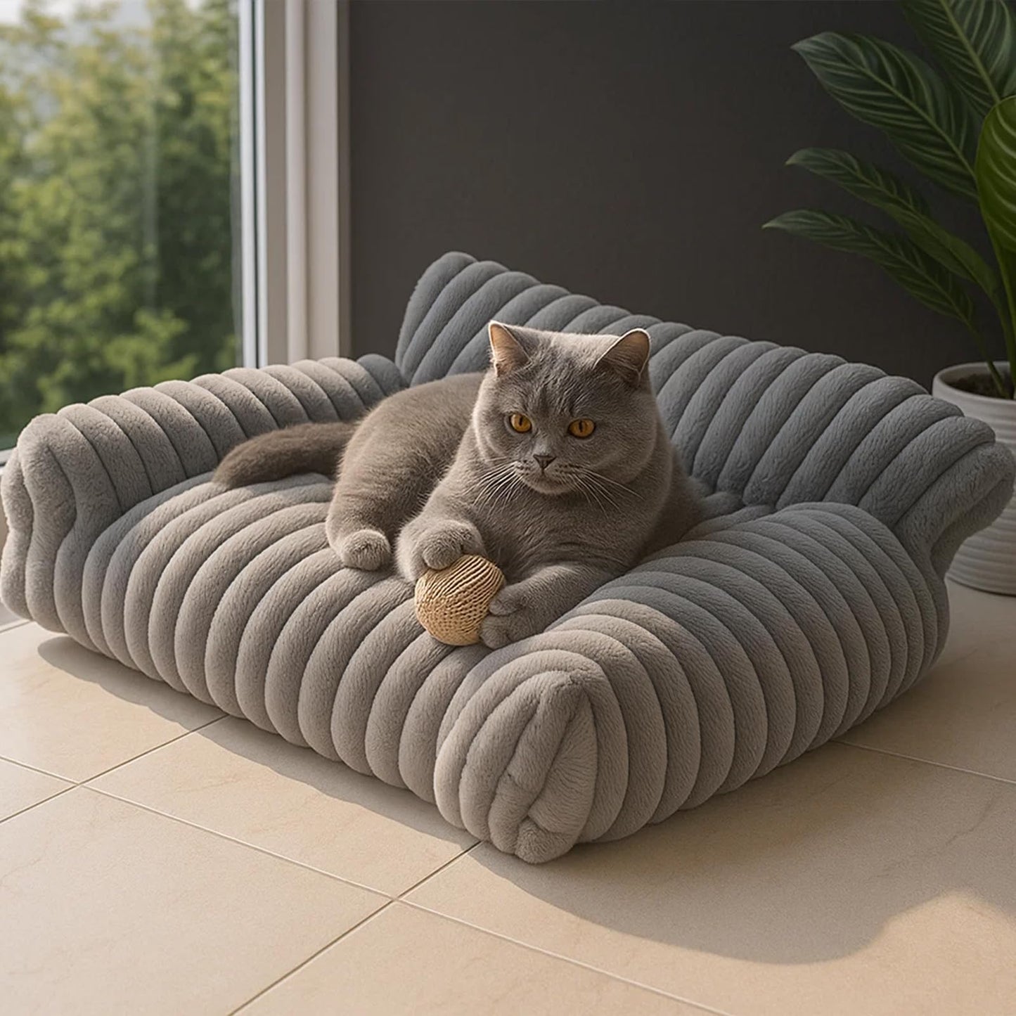 Petnovar Plush Pet Sofa Bed – Cozy Raised Cushion with Removable Cover & Non-Slip Base (Grey)