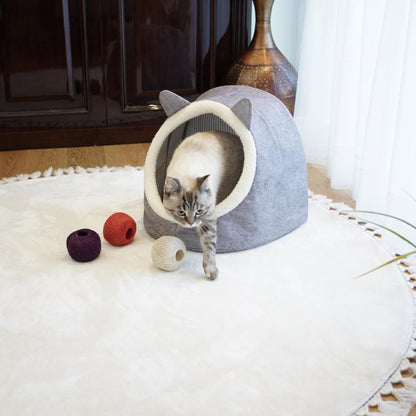 Petnovar Cat Cave Bed – Enclosed Plush Pet House with Cute Ear Design & Non-Slip Base (Grey)