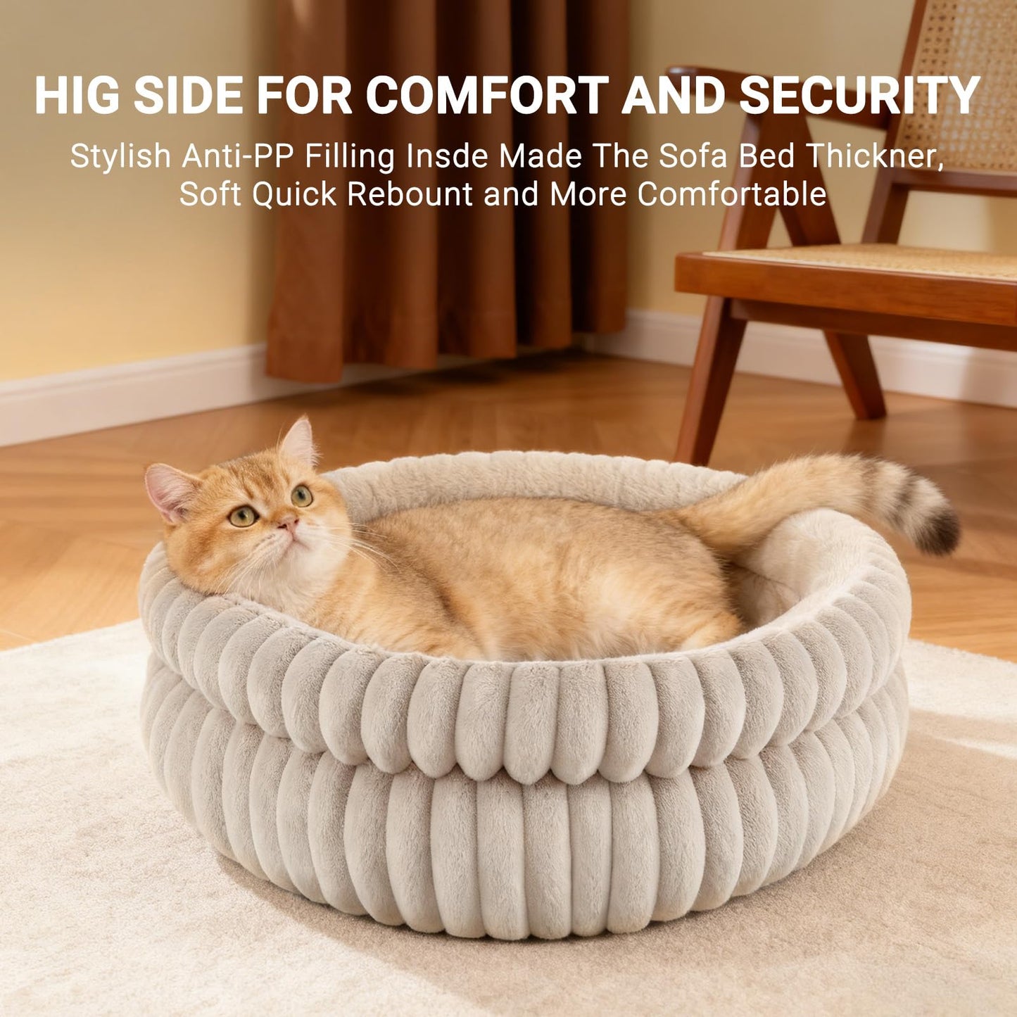 Petnovar Round Calming Cat Bed 51cm – Washable Fluffy Pet Bed with Non-Slip Base & Cushion