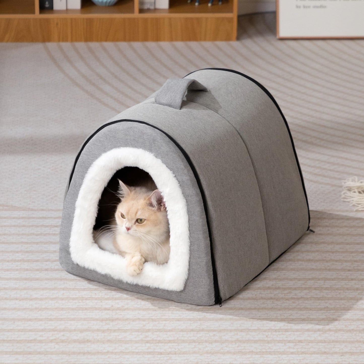 Petnovar 2-in-1 Foldable Cat Bed – Linen Cat Cave for Indoor & Outdoor Use (Grey)