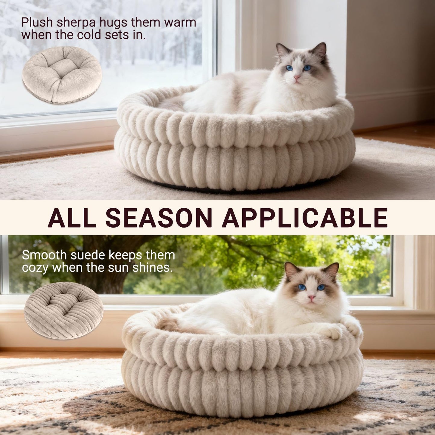 Petnovar Round Calming Cat Bed 51cm – Washable Fluffy Pet Bed with Non-Slip Base & Cushion
