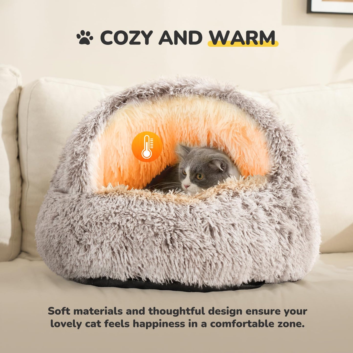 Petnovar Cat Igloo Bed – Washable Windproof Plush Cave with Non-Slip Base 53cm (Coffee)