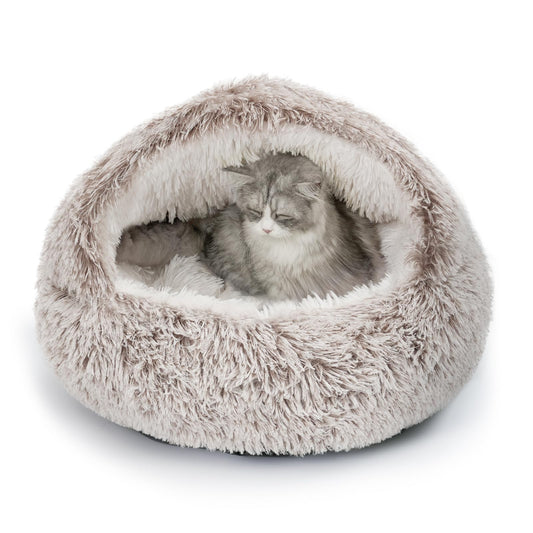 Petnovar Cat Igloo Bed – Washable Windproof Plush Cave with Non-Slip Base 53cm (Coffee)