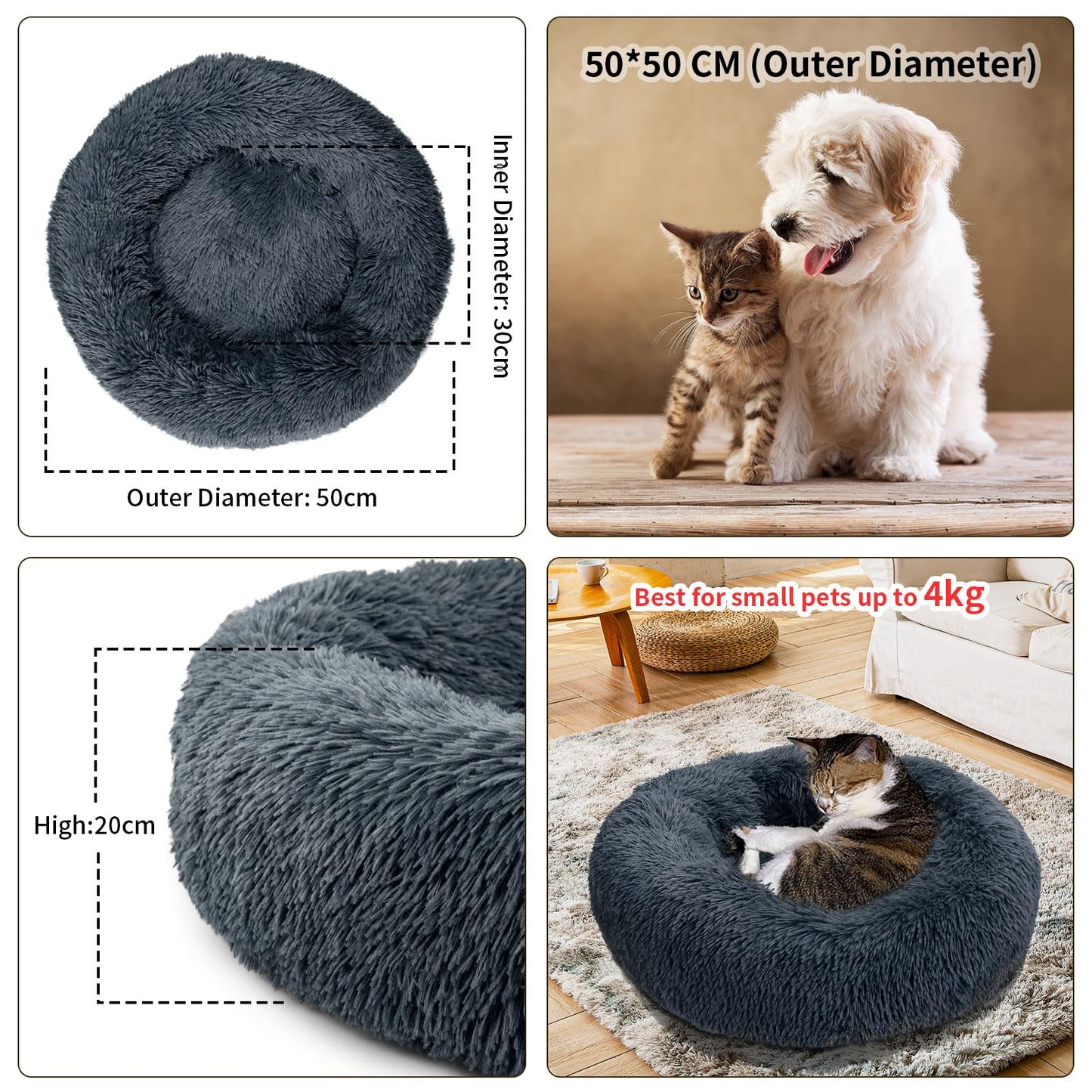 Petnovar Calming Donut Cat Bed 50cm – Washable Plush Anti-Anxiety Pet Bed with Non-Slip Base