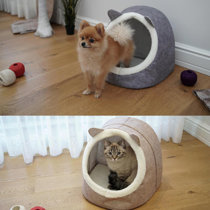 Petnovar Cat Cave Bed – Enclosed Plush Pet House with Cute Ear Design & Non-Slip Base (Grey)