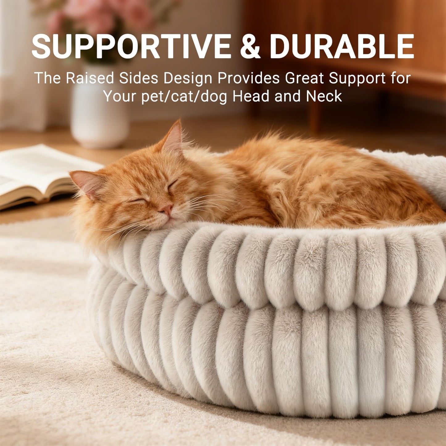 Petnovar Round Calming Cat Bed 51cm – Washable Fluffy Pet Bed with Non-Slip Base & Cushion