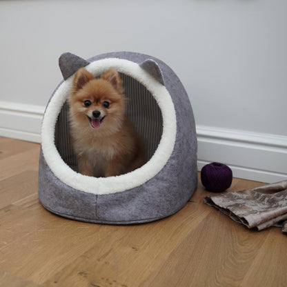 Petnovar Cat Cave Bed – Enclosed Plush Pet House with Cute Ear Design & Non-Slip Base (Grey)