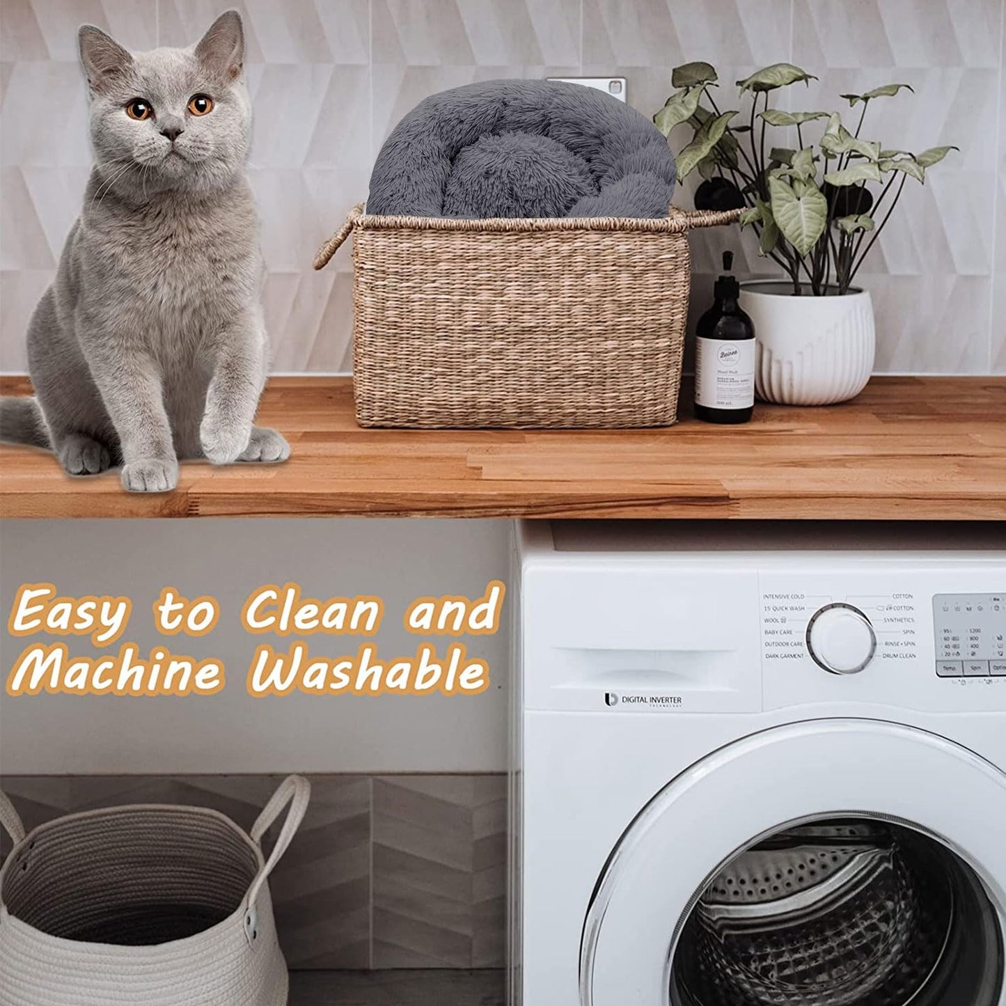 Petnovar Calming Donut Cat Bed 50cm – Washable Plush Anti-Anxiety Pet Bed with Non-Slip Base