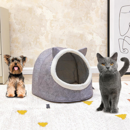 Petnovar Cat Cave Bed – Enclosed Plush Pet House with Cute Ear Design & Non-Slip Base (Grey)